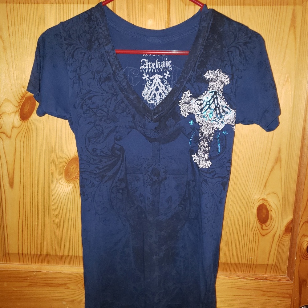 Archaic by AFFLICTION women's shirt XS blue Wings